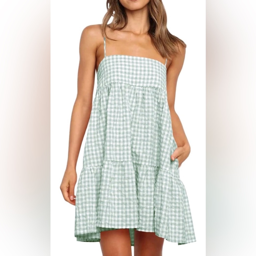 Gingham Tiered Spaghetti Strap Dress - Light Sage - Picture 2 of 8